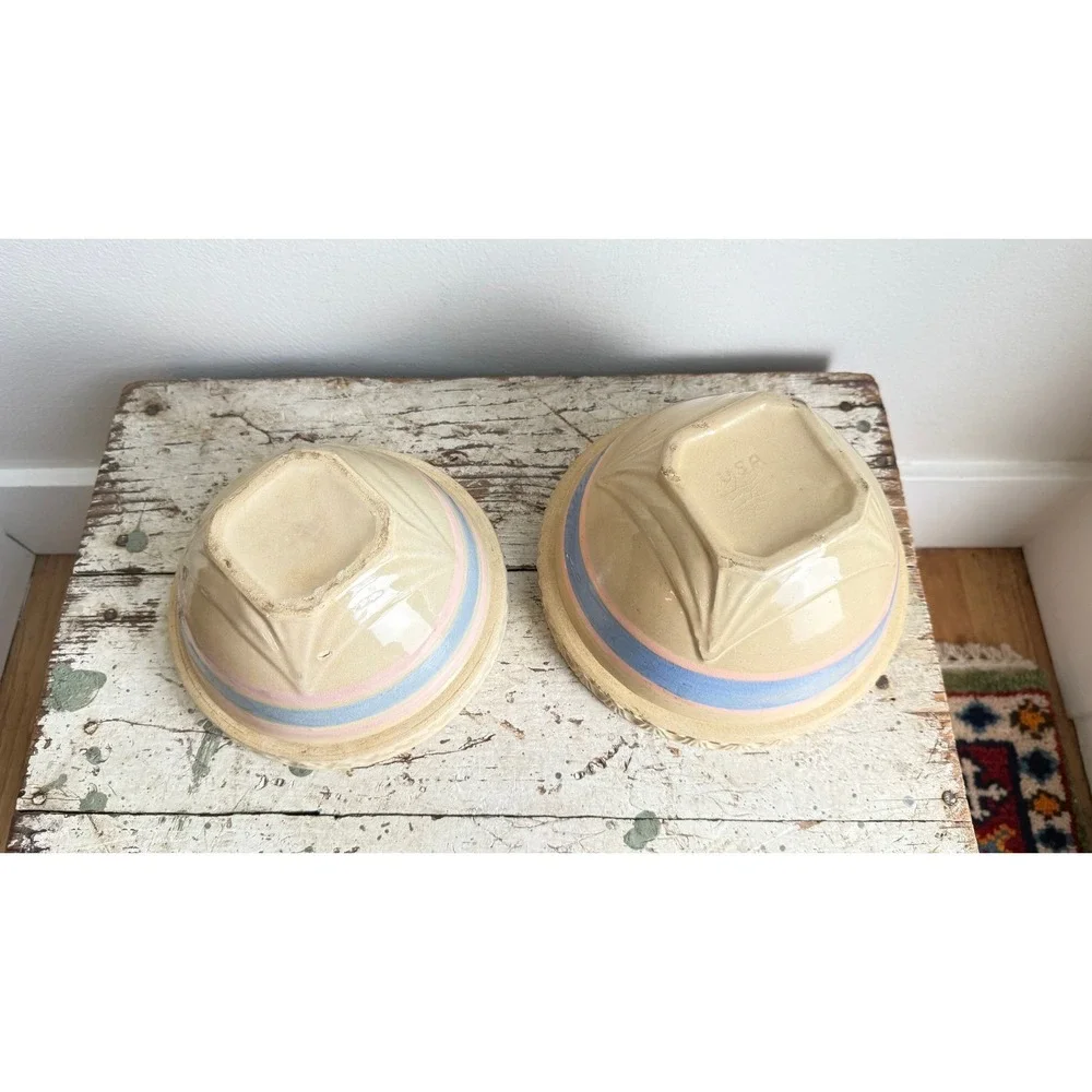 Vintage USA Yellowware Mixing Bowl Set Pastel Blue Pink Stripes 2pc